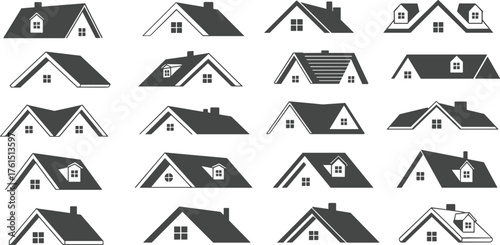 Roof design illustrations, architectural roof styles, pitched roof icons, housing construction art, building concept, architectural study, home structure design