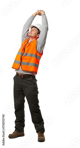 Construction worker stretches, arms raised, wearing safety vest and hard hat.