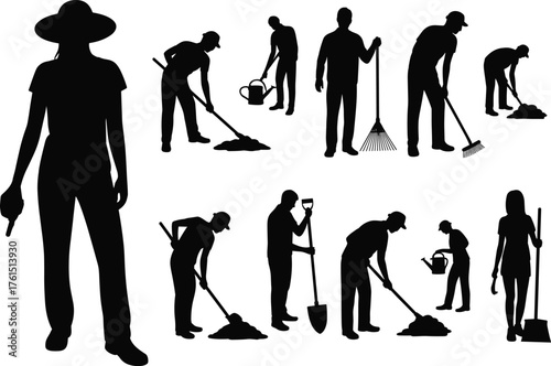 Gardening silhouettes, landscaping figures, outdoor work poses, garden tools art, farming lifestyle design, horticulture concept, yard work illustration