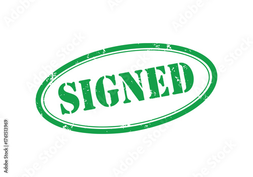 Green oval stamp clearly reads the word signed against a white background