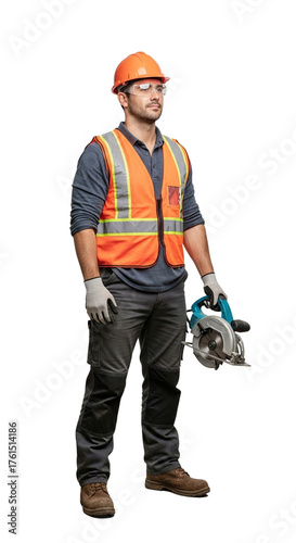 Construction worker wearing safety gear, including a hard hat and vest, holding a circular saw.