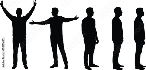 Human gesture silhouettes, body language poses, standing figure art, lifestyle posture design, communication concept, character study, expressive illustration