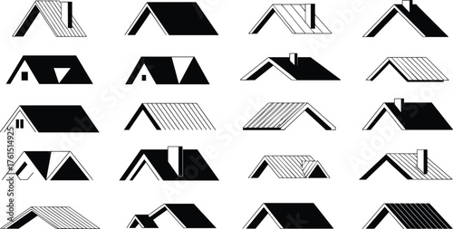 Roof design illustrations, architectural roof styles, pitched roof icons, construction art, building concept, housing design, architectural study, structure figure
