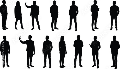 Standing silhouettes, people with smartphones, body language poses, lifestyle art, communication concept, social interaction design, posture study, modern figure