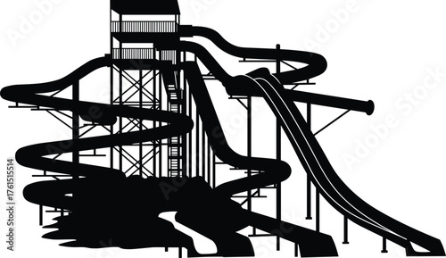 Water slide silhouette, amusement park structure, recreational tubing, black shapes, elevated flume design, entertainment icon, white background, ride attraction, summer fun, tower stairs