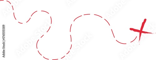  Treasure map element. A dashed line and red X mark ink on the map, the treasure map with a dotted line, X marks the spot, dashed line trail to an X