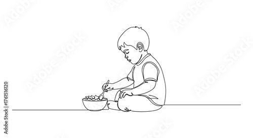 Child with snack bowl on floor in minimalist line art symbolizing innocence