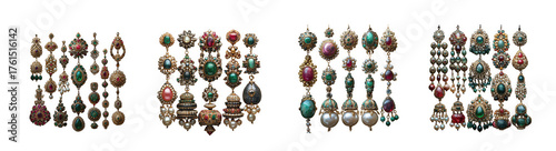 Collection of antique dangle earrings featuring colorful gemstones and intricate metalwork, isolated on transparent background