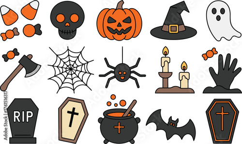 Collection of halloween icons and symbols for spooky celebrations