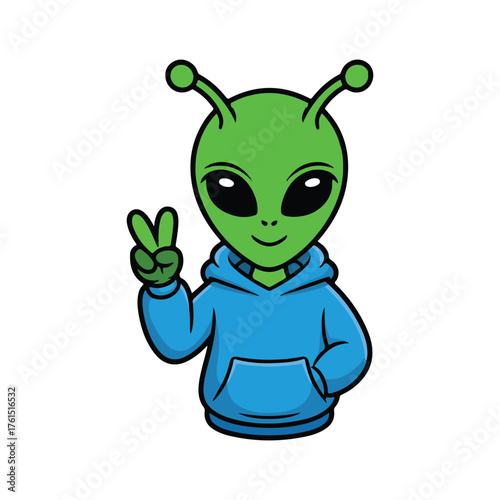 Cute green alien giving peace sign