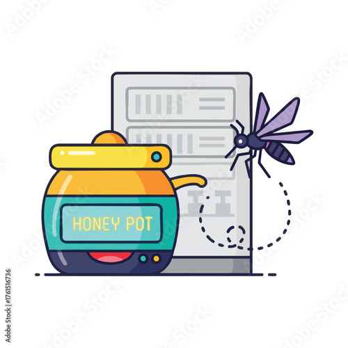 A stylized mosquito hovers near a honey pot next to a server rack.