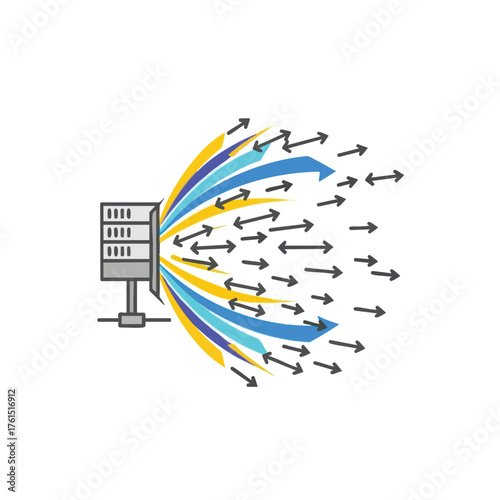 A server emitting colored arrows representing data flow and transfer.