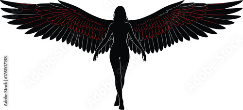Winged human silhouette, fantasy angel demon art, red accent wings, mythical figure, dark fantasy design, symbolic posture, powerful concept