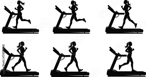 Silhouettes of women running and jogging on a treadmill, symbolizing fitness, healthy lifestyle, cardio exercise, gym workout, and physical training vector on white.