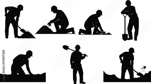 Silhouettes of construction and manual workers digging, shoveling, and laying groundwork, symbolizing hard labor, excavation, building, and physical toil on white background.