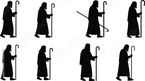 Silhouettes of a biblical prophet or shepherd walking with a staff or crook, representing ancient history, religious figures, guidance, and historical journey on white.