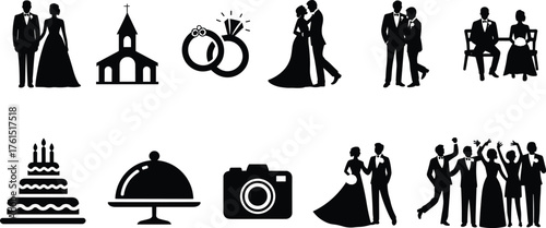 Wedding silhouettes, bride and groom, ceremony icons, reception celebration, love concept, family lifestyle, marriage art, romantic posture, event design