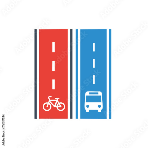 Road lanes for bicycles and buses indicated by icons and colors.