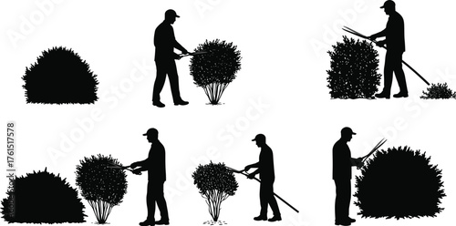 Silhouettes of people pruning and trimming bushes and hedges with large shears, symbolizing gardening, landscaping, yard work, and shrub maintenance on white.