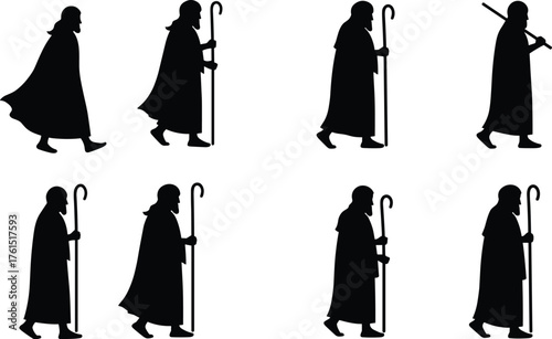 Silhouettes of a biblical prophet or shepherd walking with a staff or crook, representing ancient history, religious figures, guidance, and historical journey on white.