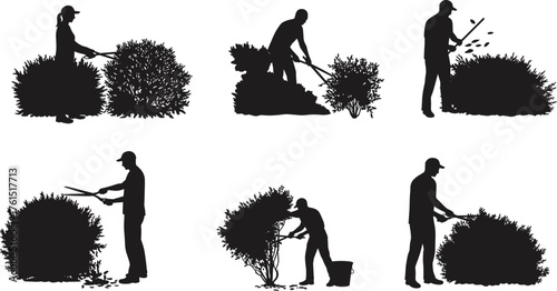 Silhouettes of people pruning and trimming bushes and hedges with large shears, symbolizing gardening, landscaping, yard work, and shrub maintenance on white.
