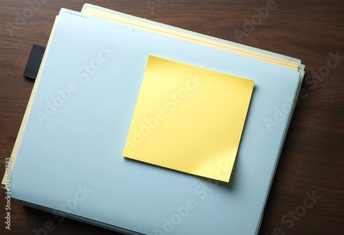A blank yellow sticky note mockup is attached to an office file cover