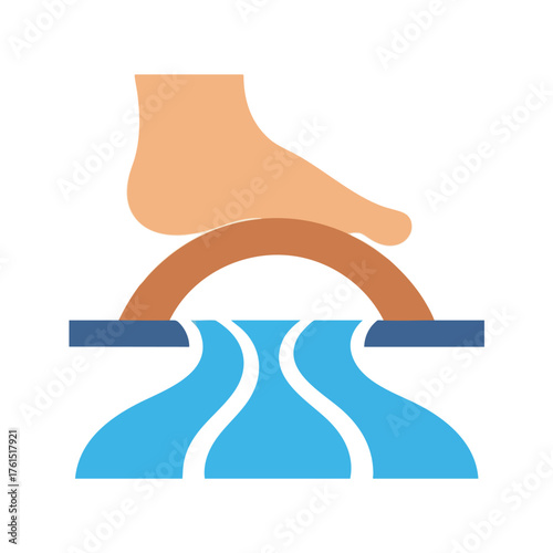 Abstract of a foot crossing over flowing water via a bridge.