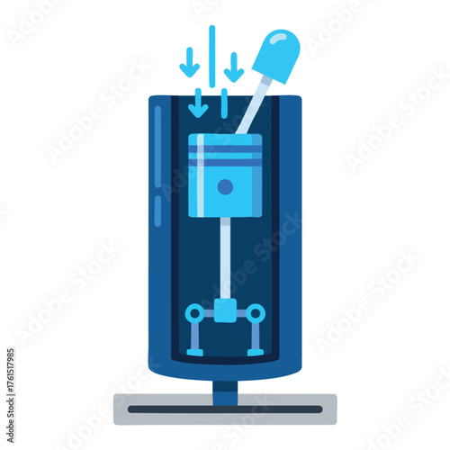 Stylized of an engine piston and cylinder with down arrows.