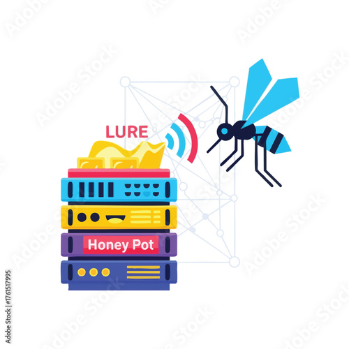 Cybersecurity concept: a honey pot lures in a stylized insect.