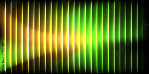 Abstract vertical neon light lines in vibrant yellow and green gradient glowing in darkness