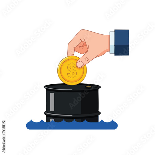 A hand in a suit drops a dollar coin into an oil barrel.