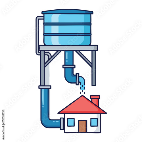 of a water tank feeding pipes to a house.