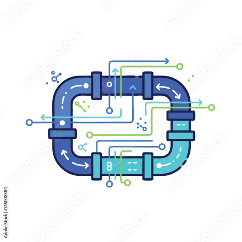 A schematic of a digital network with flowing pipes and arrows.