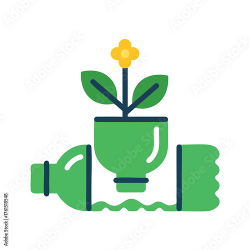 A green plant with a yellow flower grows from a recycled plastic bottle.