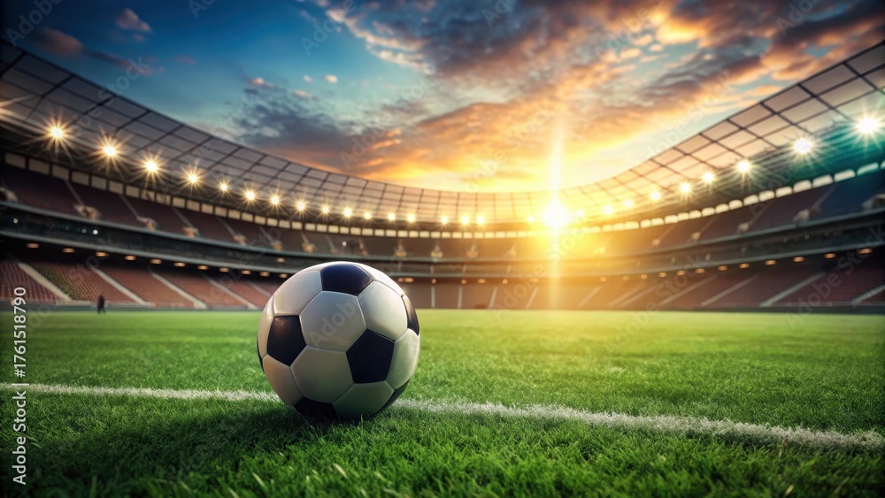Naklejka premium Soccer ball sits alone on a lush green field with a blurred stadium in the background, capturing the serenity of a deserted soccer pitch at dusk, sports theme, isolated sports equipment