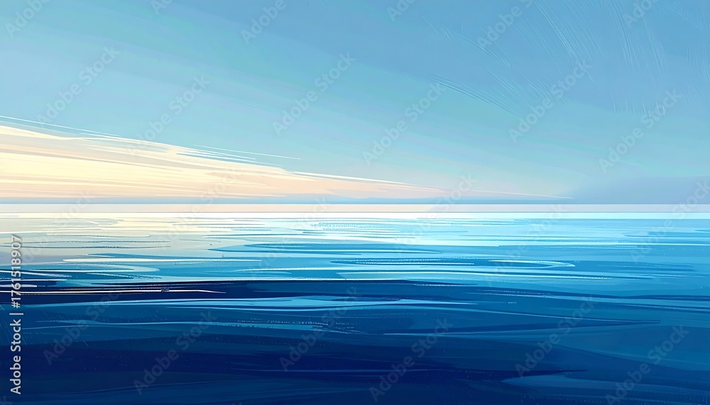 Fototapeta premium An impressionistic painting depicting a serene seascape where the light sky blends seamlessly into the deep blue water