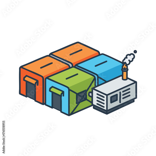 Colorful crates and a smoking industrial generator
