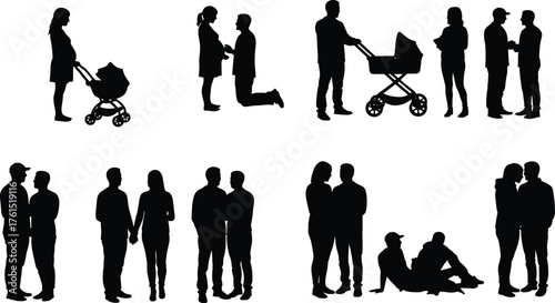 Couple silhouettes, family lifestyle, social interaction, parenting and friendship, relationship poses, love concept, community bonding, lifestyle art, posture design