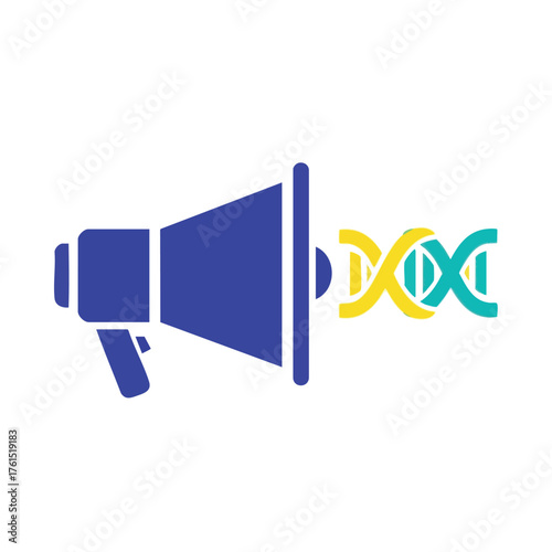 A blue megaphone emits a yellow and teal DNA helix symbol.