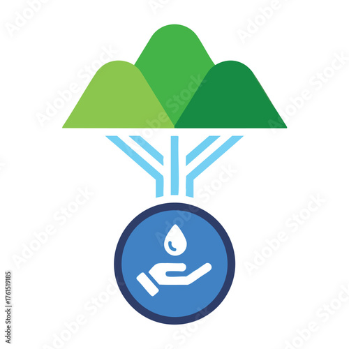icon depicting mountains, tree, and a hand catching a water drop.