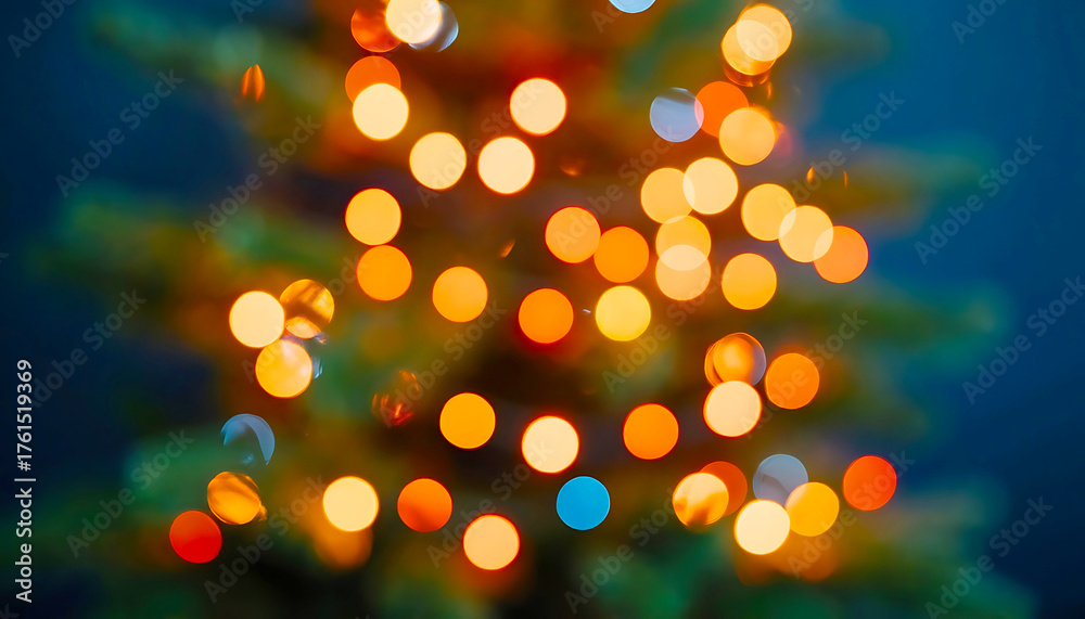 Fototapeta premium Warm and vibrant bokeh lights from a Christmas tree creating a soft, magical festive background with glowing orange and blue spheres
