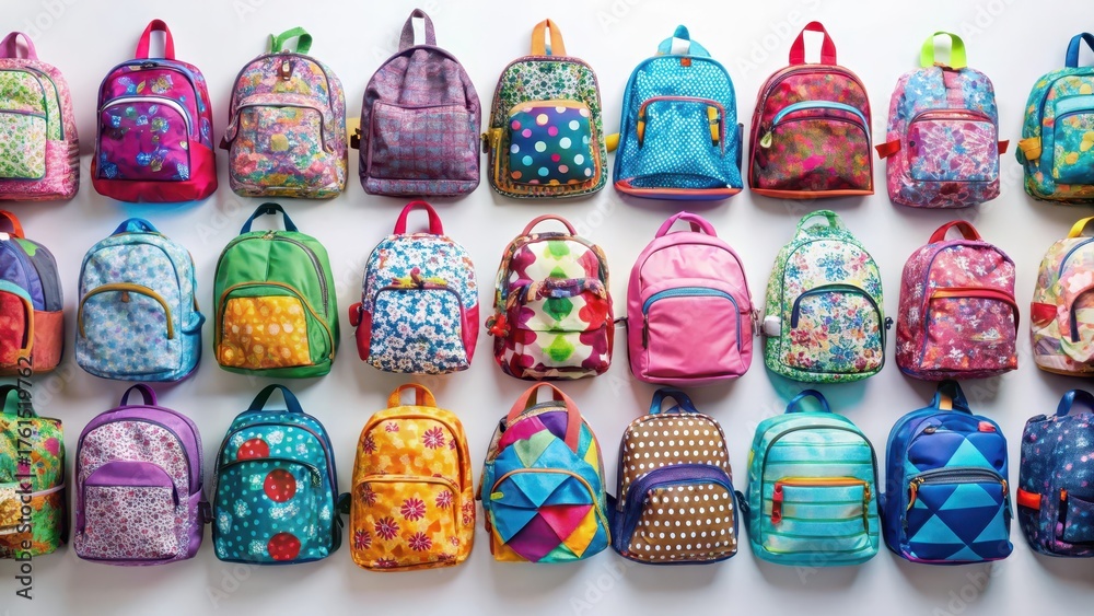 Fototapeta premium Colorful collection of school backpacks with diverse designs and textures on a white background, showcasing individualized style , colorful, school supplies