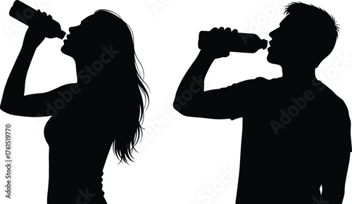 Silhouettes of people drinking, hydration concept, lifestyle art, beverage illustration, health awareness, fitness design, refreshment posture, daily activity