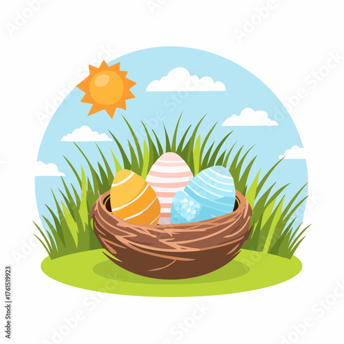 Nest with easter eggs in grass on a sunny spring day - Easter decoration, banner, panorama, background