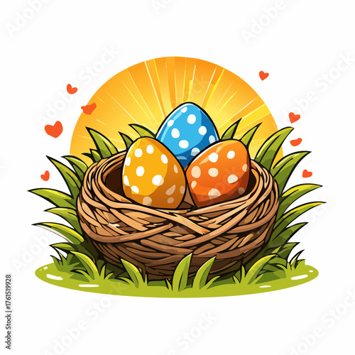 Nest with easter eggs in grass on a sunny spring day - Easter decoration, banner, panorama, background