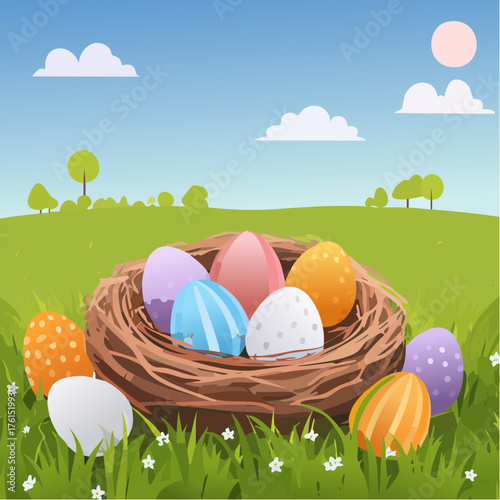 Nest with easter eggs in grass on a sunny spring day - Easter decoration, banner, panorama, background