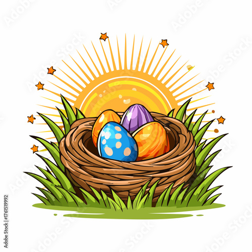 Nest with easter eggs in grass on a sunny spring day - Easter decoration, banner, panorama, background
