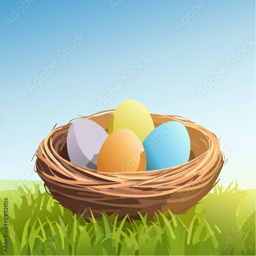 Nest with easter eggs in grass on a sunny spring day - Easter decoration, banner, panorama, background