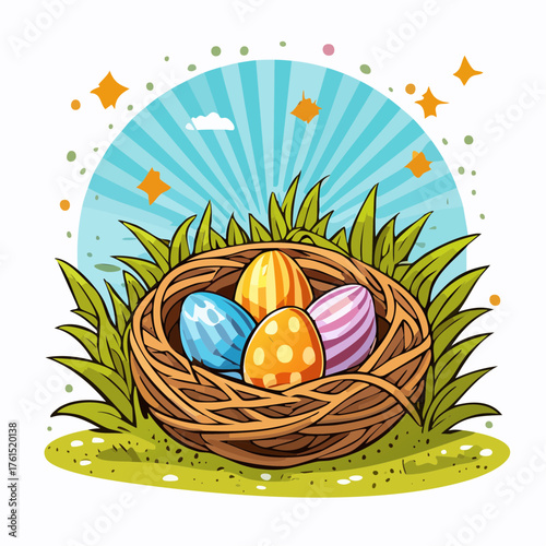 Nest with easter eggs in grass on a sunny spring day - Easter decoration, banner, panorama, background