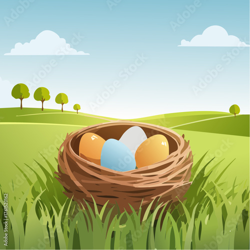 Nest with easter eggs in grass on a sunny spring day - Easter decoration, banner, panorama, background